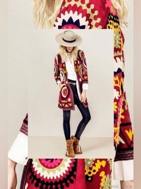 UNIQUE!!! RAPSODIA Akeila Embroidered Red Boho Open-Front Jacket 100% Cotton